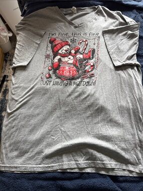 Gray Short Sleeve Tee with Red Snowman Graphic